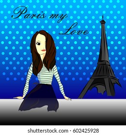 Dark haired girl and eiffel tower on the blue background