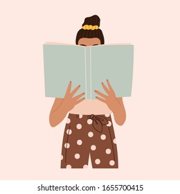 Dark haired girl reading a big Book while standing. Young woman. Beautiful clothes. Read more books concept. Hand drawn Vector trendy illustration. Pastel colors