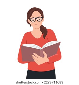 Dark haired girl reading a big Book while standing. Young woman. Beautiful clothes. Read more books concept. Flat vector illustration isolated on white background