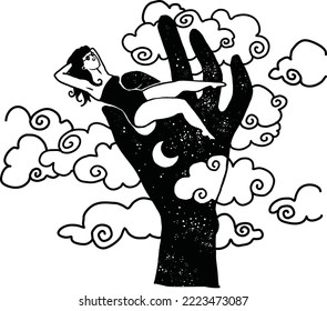 A dark haired girl is sunbathing in the sky laying on a hand