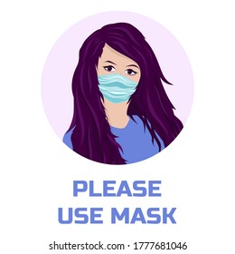 Dark haired lady in medicine mask in the new normal Covid-19 era. Please use mask message. Wear mask after reopening for cafe invitation, restraurant, bar, welcome message. Protective warning 