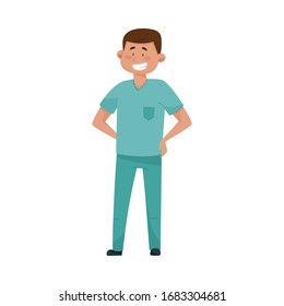 Dark Haired Man Doctor in Medical Uniform Standing with His Arms at Hips Vector Illustration