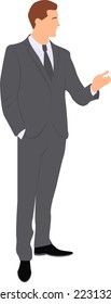 Dark haired man wearing in business suit standing with raised arm. Character design. Flat vector illustration.