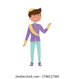 Dark Haired Prince with Golden Crown Wearing Carnival Suit and Waving Hand Vector Illustration