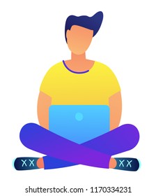 Dark haired programmer working on laptop sitting in lotus pose vector illustration. Freelance and IT sprecialist, business and communication, surf the internet concept. Isolated on white background.