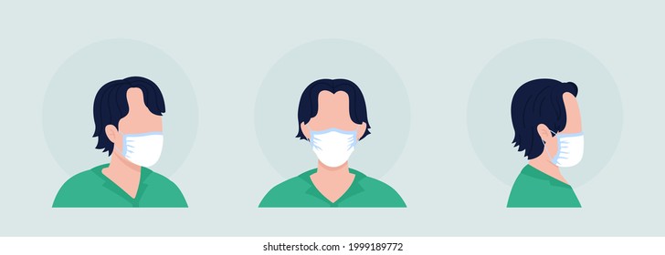 Dark haired semi flat color vector character avatar with mask set. Portrait with respirator from front and side view. Isolated modern cartoon style illustration for graphic design and animation pack