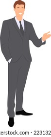 Dark haired smiling man wearing in business suit standing with raised arm. Character design. Flat vector illustration.
