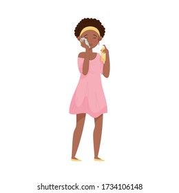 Dark Haired Young Woman Using Cosmetic Cleansing Gel or Facial Wash to Clean Her Face Vector Illustration