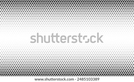 Dark halftone black dots top and bottom, fading middle. white horizontal background, seamless pattern. Abstract texture, modern pop art style. Vector illustration