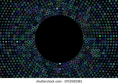 Dark  halftone geometric circles, shapes. Interesting mosaic banner. Geometric background with colored discs and copy space