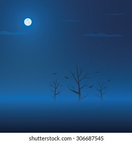 Dark halloween background. Creepy trees in fog with bats. Spooky holiday banner. Eps10 vector illustration.