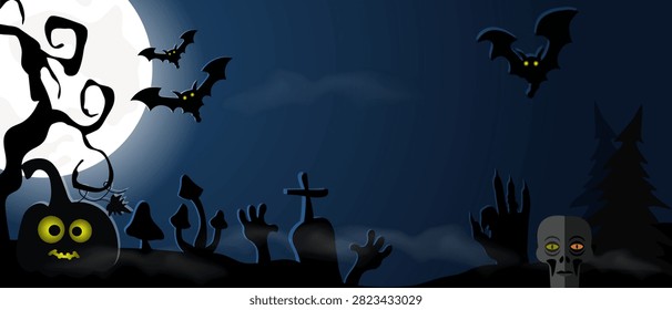 Dark Halloween Background with a Haunted Cemetery, glowing full moon, bats, Spooky tree, ghost silhouettes, skull, Eerie Mist. For Halloween party invitations, horror posters, banners, social media