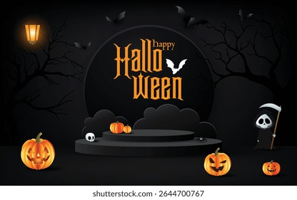 Dark Halloween background with jack-o'-lanterns, grim reaper, bats, and podium. Perfect for spooky seasonal designs.