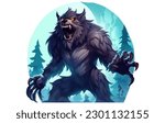 Dark Halloween background with moon in blue sky and werewolf