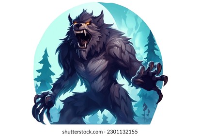 Dark Halloween background with moon in blue sky and werewolf