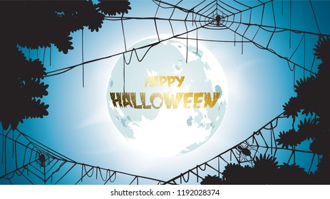 Dark Halloween background with Moon on blue sky, spiders illustration. Flyer or invitation template for banner, party, Invitation . Vector illustration with place for your Text & copy space