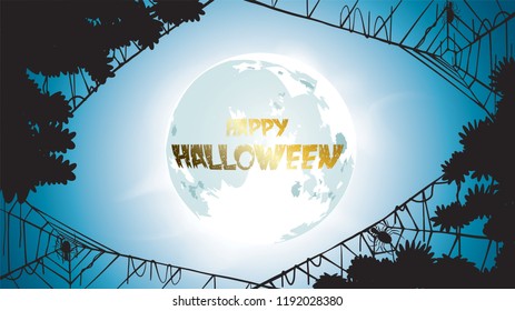 Dark Halloween background with Moon on blue sky, spiders illustration. Flyer or invitation template for banner, party, Invitation . Vector illustration with place for your Text & copy space