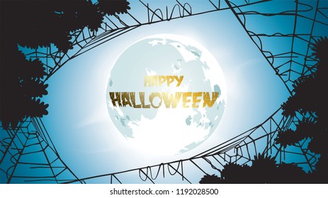 Dark Halloween background with Moon on blue sky illustration. Flyer or invitation template for banner, party, Invitation . Vector illustration with place for your Text & copy space