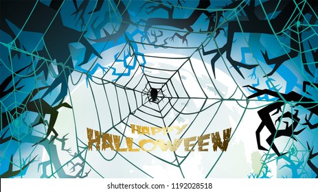 Dark Halloween background with Moon on blue sky, spiders illustration. Flyer or invitation template for banner, party, Invitation . Vector illustration with place for your Text & copy space