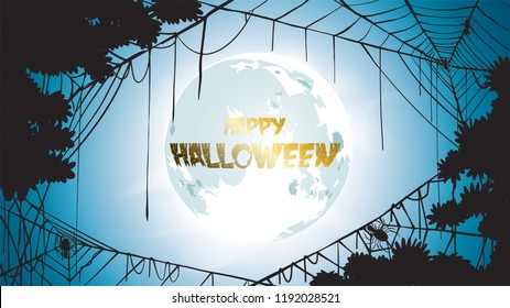 Dark Halloween background with Moon on blue sky, spiders illustration. Flyer or invitation template for banner, party, Invitation . Vector illustration with place for your Text & copy space