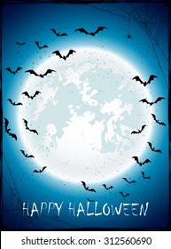 Dark Halloween background with Moon on blue sky, spiders and bats, illustration.