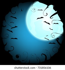 Dark Halloween background with Moon on blue sky, illustration.