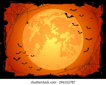 Dark Halloween background with orange Moon, spiders and bats, illustration.