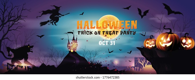 Dark Halloween background with Halloween pumpkin night on a rocky cliff with moon and dark forest. night,grunge decoration with witch fly, werewolf and flying bats. - Vector illustration