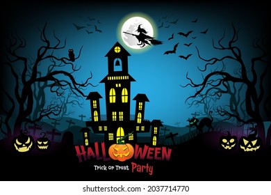Dark Halloween background with pumpkin night on the fall with moon and dark forest. An owl perched on a branch, haunted house and full moon. Halloween night concept, with witch fly bats. Vector illust