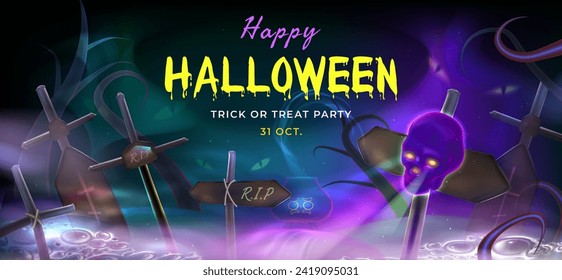 Dark Halloween background from  Realistic 3d design in cartoon style. Holiday banner, web poster, stylish flyer greeting card. Vector eps 10
