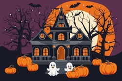 Dark Halloween Background With Spooky House, Tree, Cute Ghost, Orange Pumpkin, Bat At Night. Happy Halloween Banner. Vector Illustration.