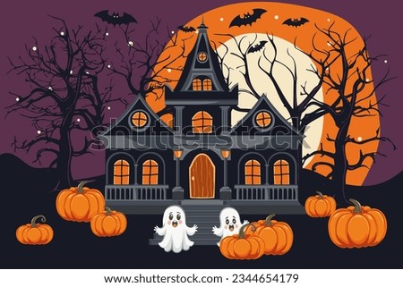 Dark Halloween background with spooky house, tree, cute ghost, orange pumpkin, bat at night. Happy Halloween banner. Vector illustration.