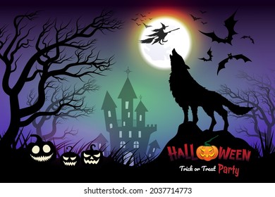 Fondo oscuro de halloween El lobo aullando sobre las rocas con la noche de calabaza de halloween en otoño con luna y bosque oscuro. Casa embrujada y luna llena, con murciélagos de brujas. Ilustración vectorial.