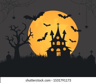 Dark Halloween Catle with bats big moon scary vector illustration eps10