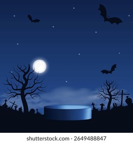 Dark Halloween cemetery background with spooky trees, moon, gravestones and space for design. Horizontal vector template with podium. Vector illustration