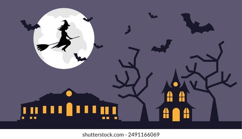 Dark Halloween Church and Mansion with Silhouette of Witch on Flying on a Broom. Scary landscapes and seasonal national holiday concept vector