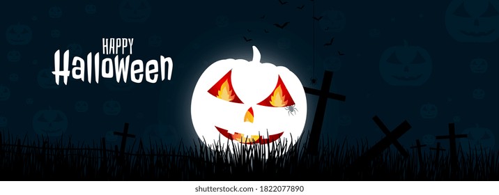 Dark Halloween design, Fire scary white pumpkin. Horror  Halloween background with dark grasses and  woods, spooky tree, pumpkins and spider web. Space for your Halloween holiday text.