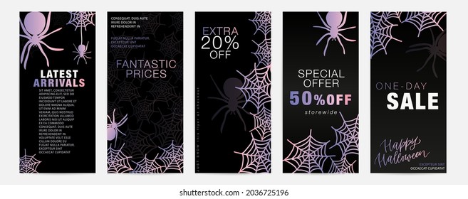 Dark Halloween flyer set with spiders and web silhouettes. Tall vertical banner modern design for October 31st. Business promotional materials with special offer and discounts.