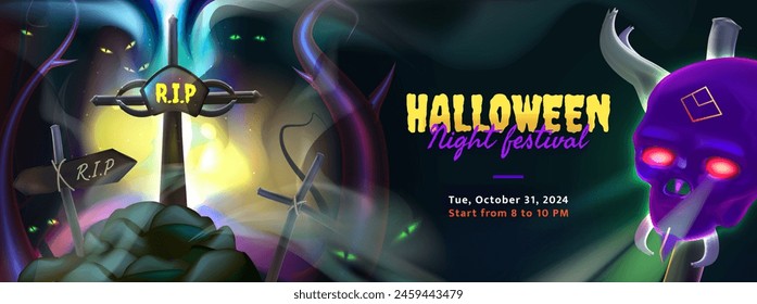 Halloween oscuro con sepultura, cruces, cráneo de cuernos, monstruos, con lugar para el texto. Invitación de Festiva. Fondo de diseño 3d realista en estilo de dibujos animados.Anuncio de Vector