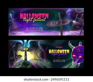 Dark Halloween with grave, crosses, horned skull, monsters, with place for text. Holiday invitation. Background from  Realistic 3d banner set in cartoon style