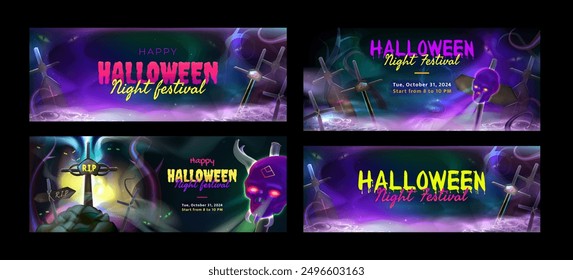 Dark Halloween with grave, crosses, horned skull, monsters, with place for text. Holiday invitation. Background set for four realistic 3d banner set in cartoon style.