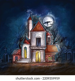 Dark halloween haunted house with moon background