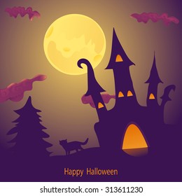 Dark halloween  Illustration with  moon, temple, cat. 