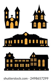 Dark Halloween Mansions and Churches Set. Old scary haunted buildings vector art