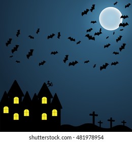 Dark Halloween night background with Castle,moon,bats