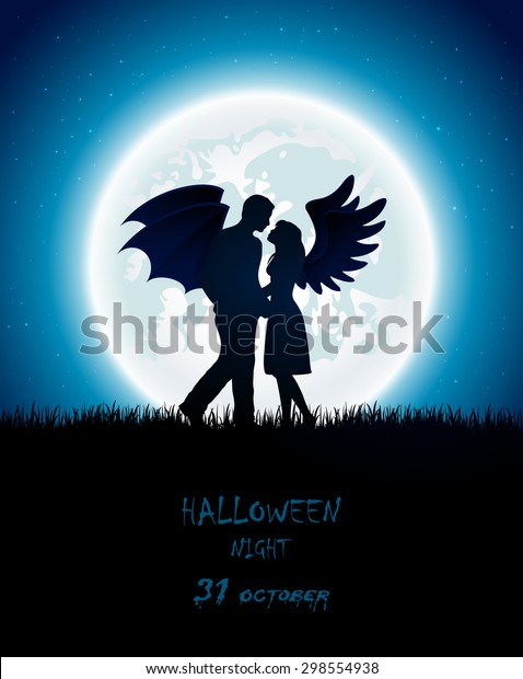 Dark Halloween Night Enamored Couple Angel Stock Vector Royalty Free