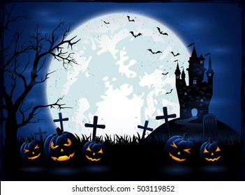 Dark Halloween night, holiday background with Moon on blue sky, castle and pumpkins on cemetery, grunge decoration with cobweb, spiders and flying bats, illustration.