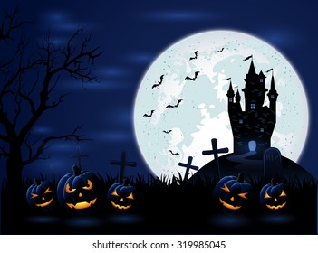 Dark Halloween night with Moon and pumpkins, illustration.