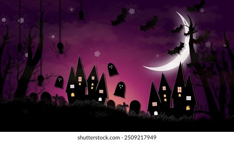 Escena nocturna oscura de Halloween con casas embrujadas, arañas colgantes, fantasmas voladores y una luna creciente. Perfecto para diseños temáticos de Halloween y decoración espeluznante.