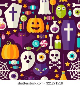 Dark Halloween Party Seamless Pattern. Flat Style Vector Seamless Texture Background. Halloween Holiday Template. Trick or Treat